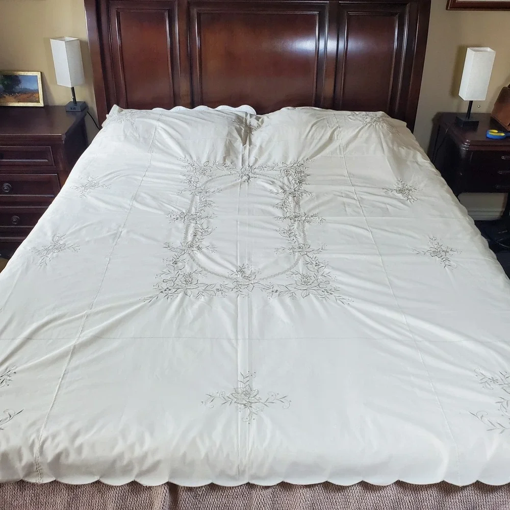 Embroided White Scalloped Edge Cotton Tablecloth Vtg Masjien Embroid 80x84 Vtg